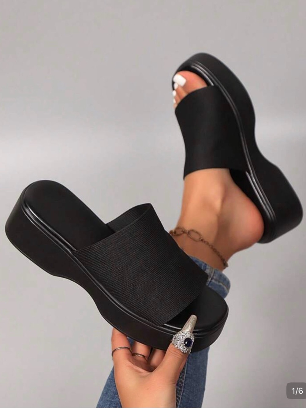 Women's Black Platform Slide Sandals with Wide Elastic Upper